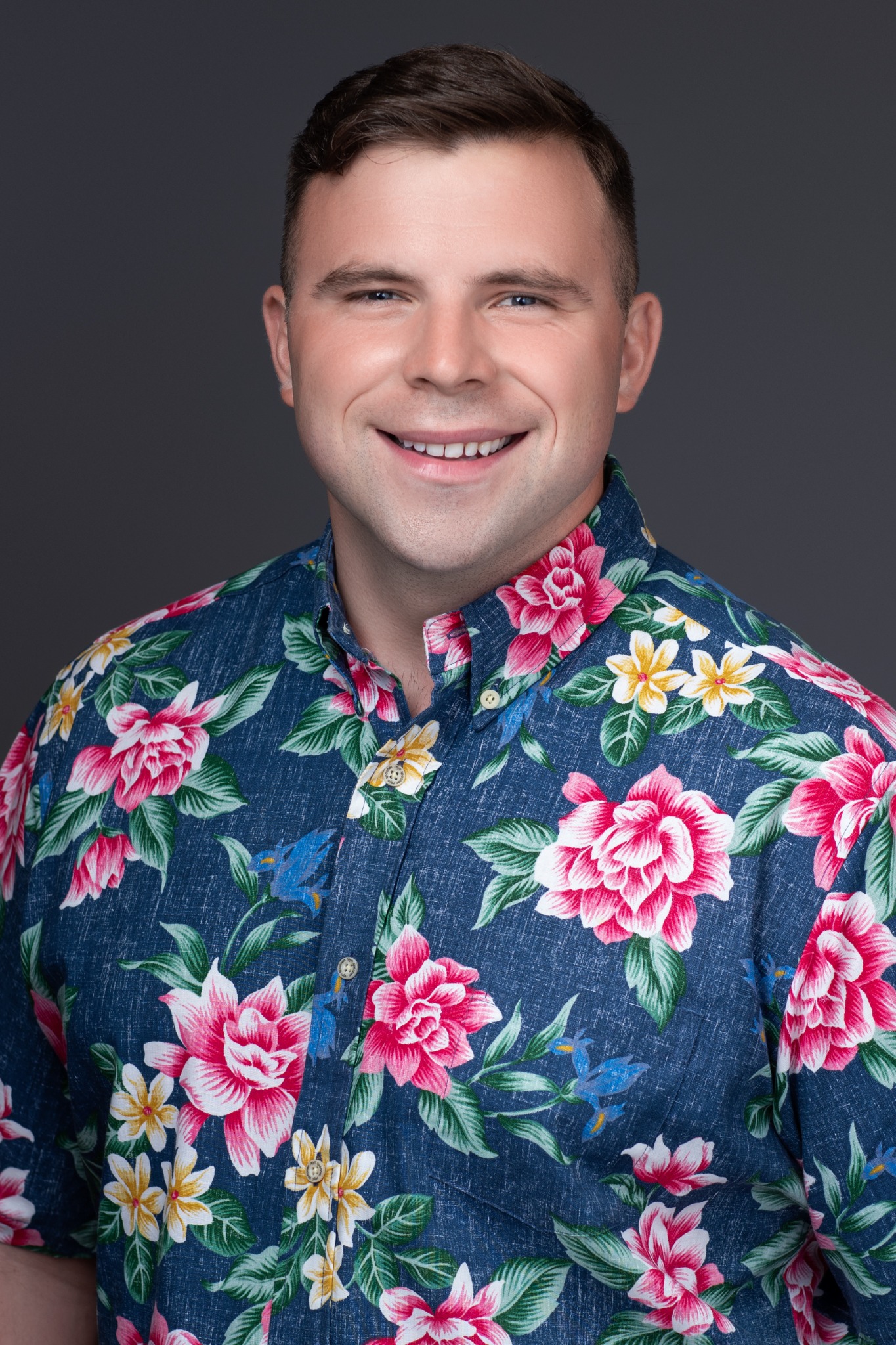 Casey Lund in his pink floral aloha shirt